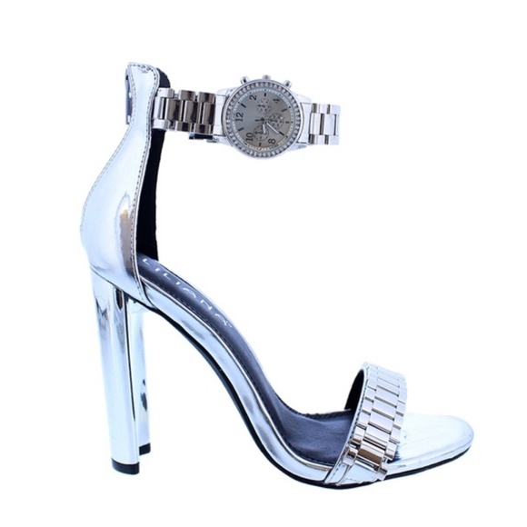 Shotclock Sliver Metallic Watch Ankle Strap Heels - Picture 4 of 5